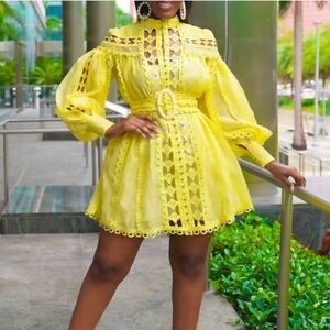 NWT L'atiste By Amy Belted Lace Studded Mini Dress Yellow Size 2XL